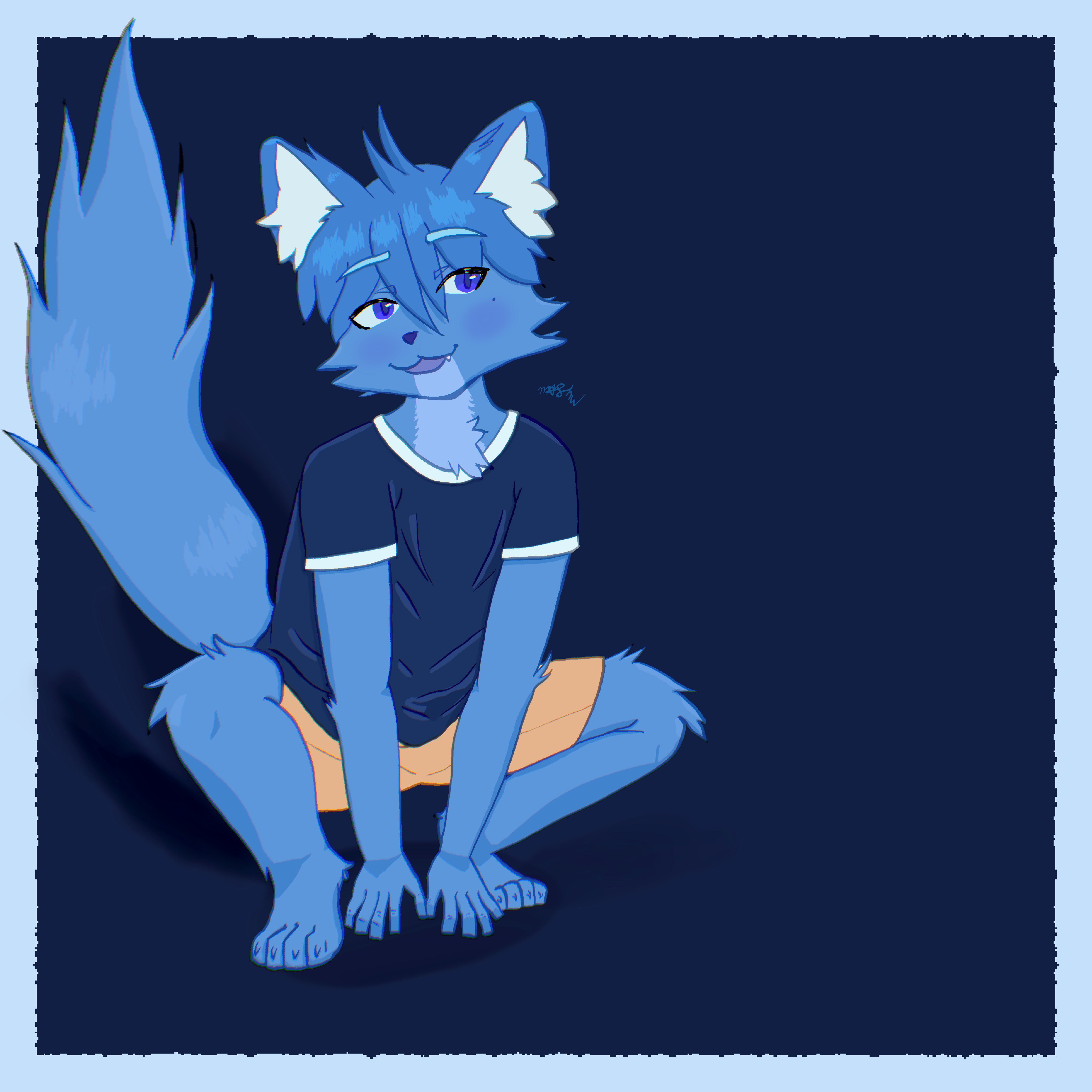 Blue anthro cat wearing a blue shirt squatting down like a cat sitting.