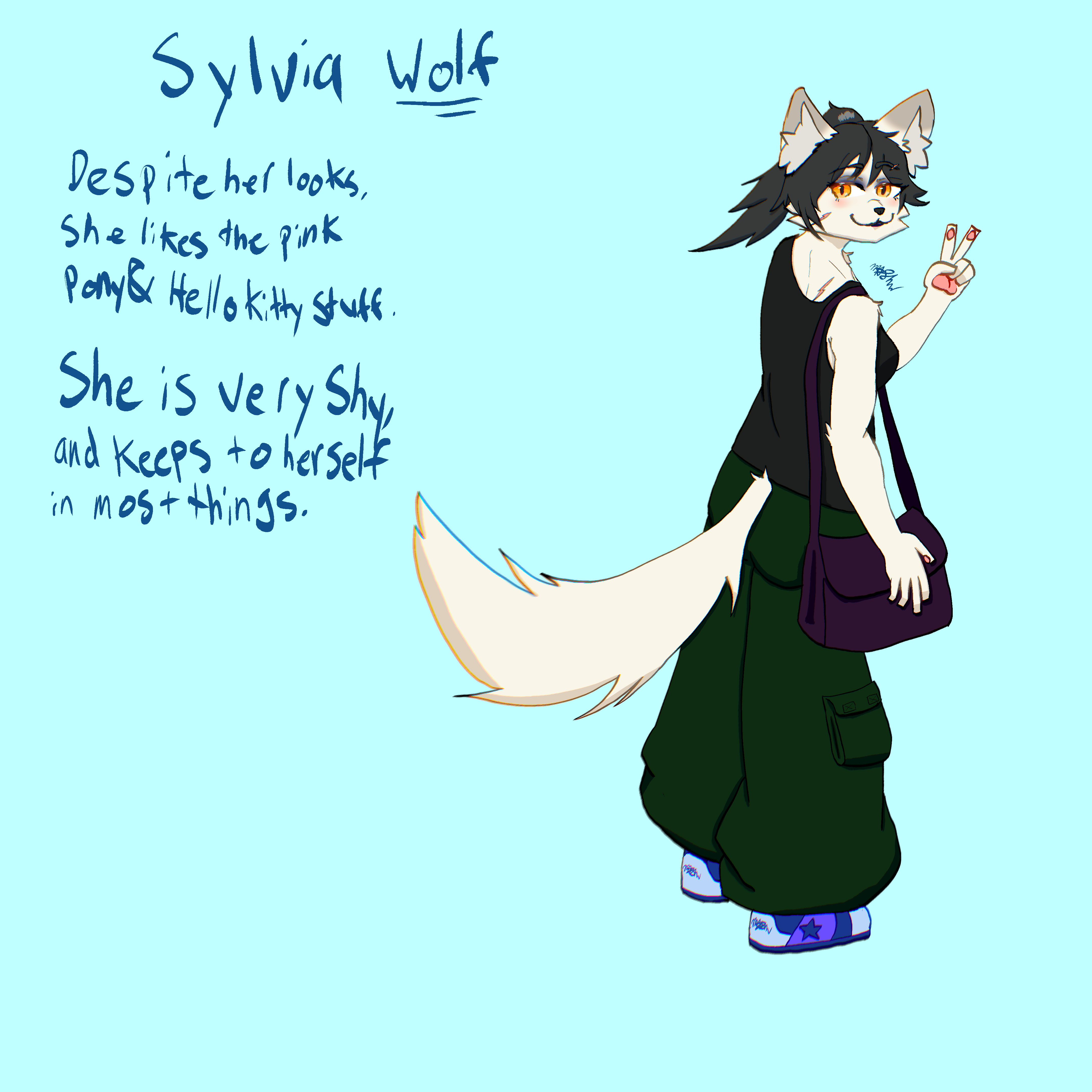 White goth style anthro wolf wearing a black undershirt and baggy green pants holding a purple bag or purse.