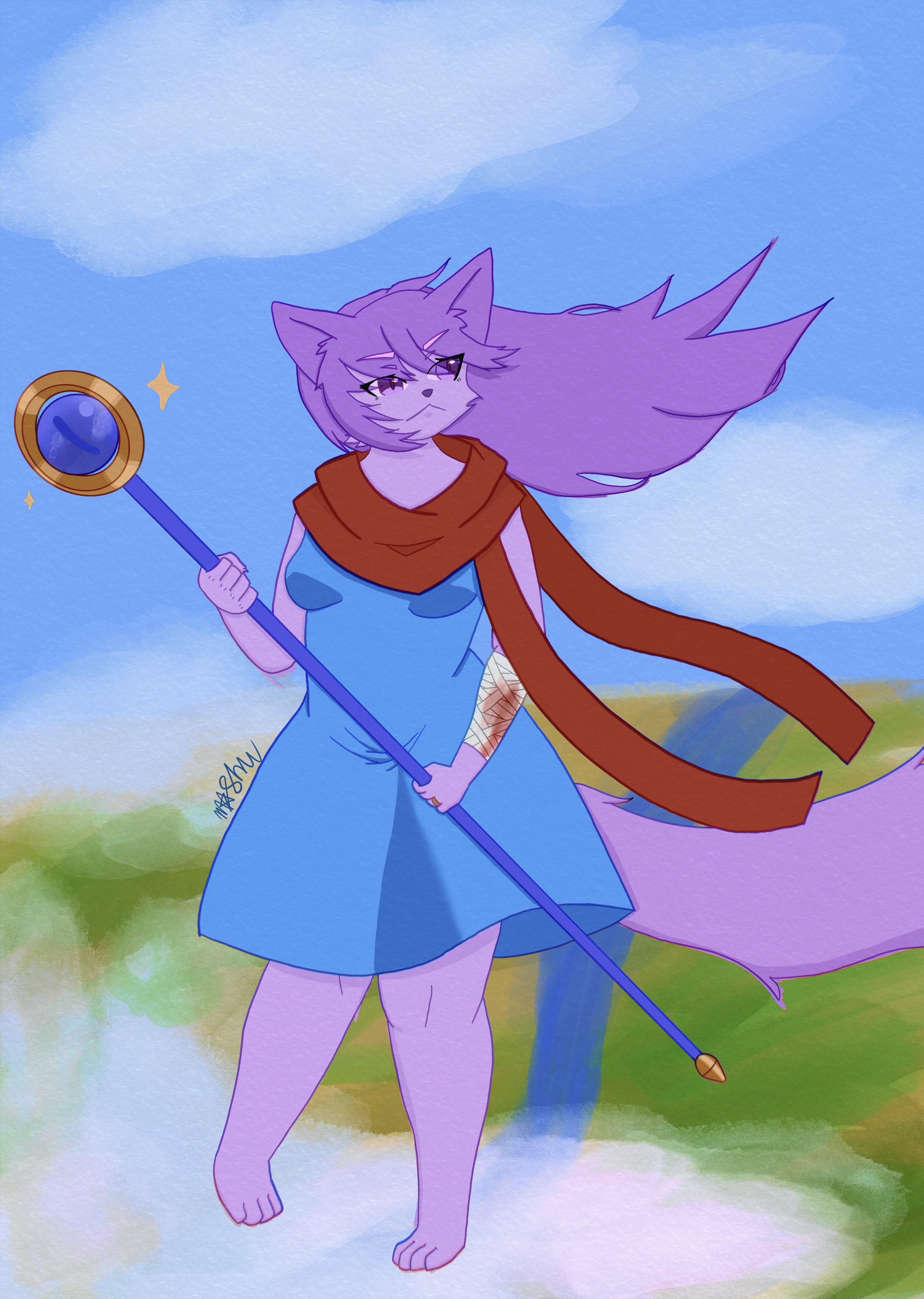 Scene of a purple cat with long hair and a long scarf wearing a large, blue robe holding a staff with a floating sphere inside, floating atop a cloud.