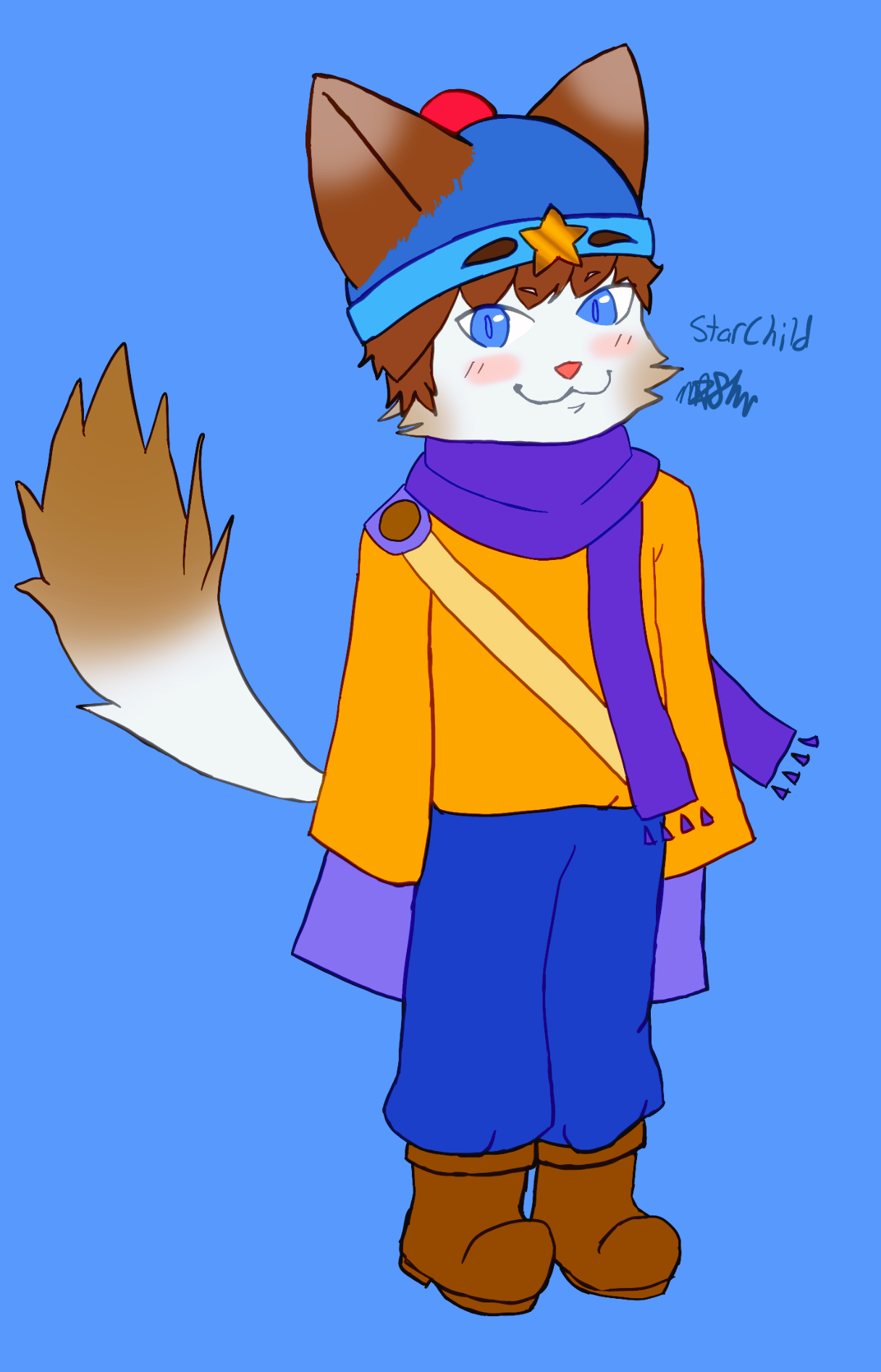 Siamese cat wearing a blue hat with a star on the forehead and red pom-pom, a purple scarf, light purple cape, an orange shirt, and blue pants.