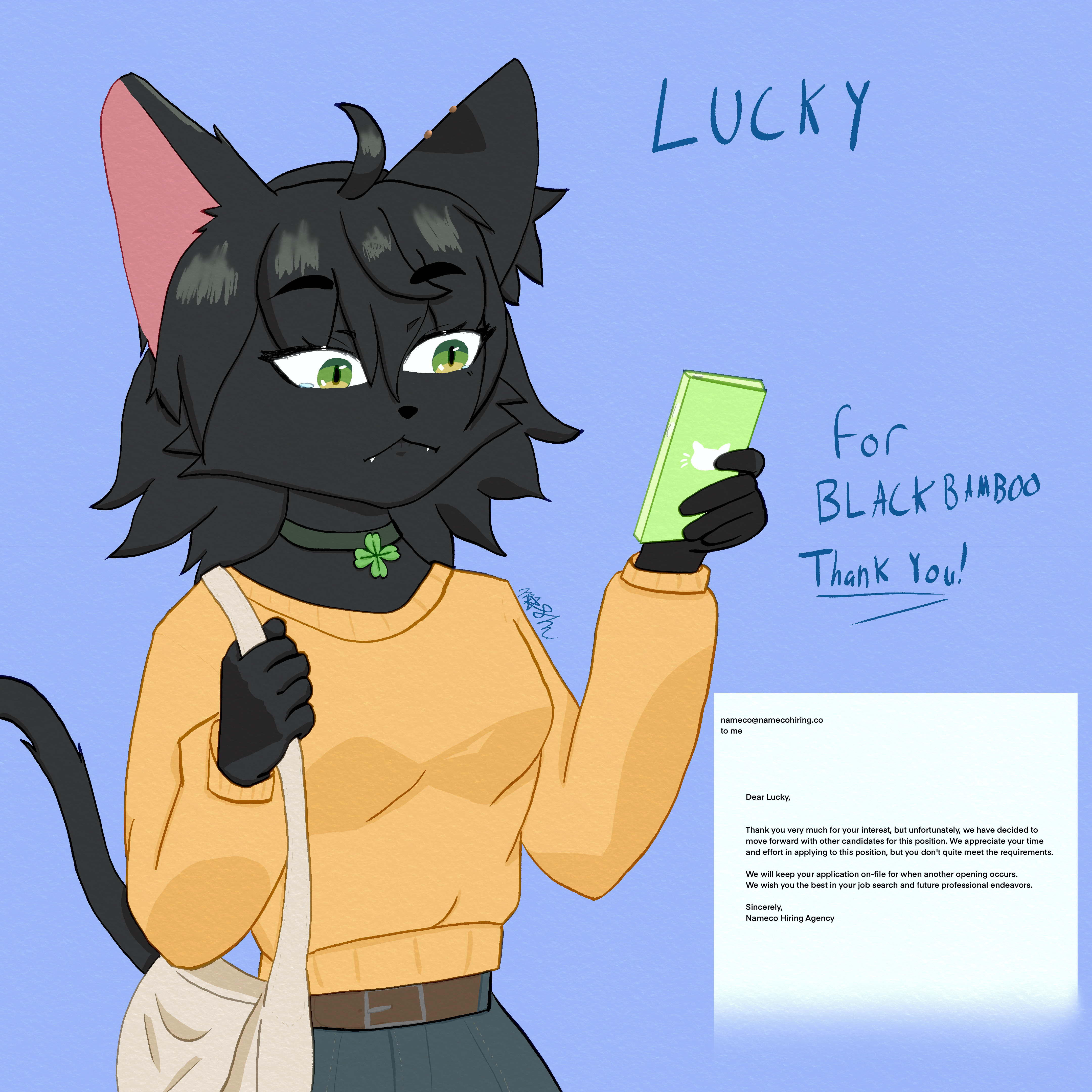 Anthro Black Cat wearing a yellow cardigan looking at her phone with a job rejection email.