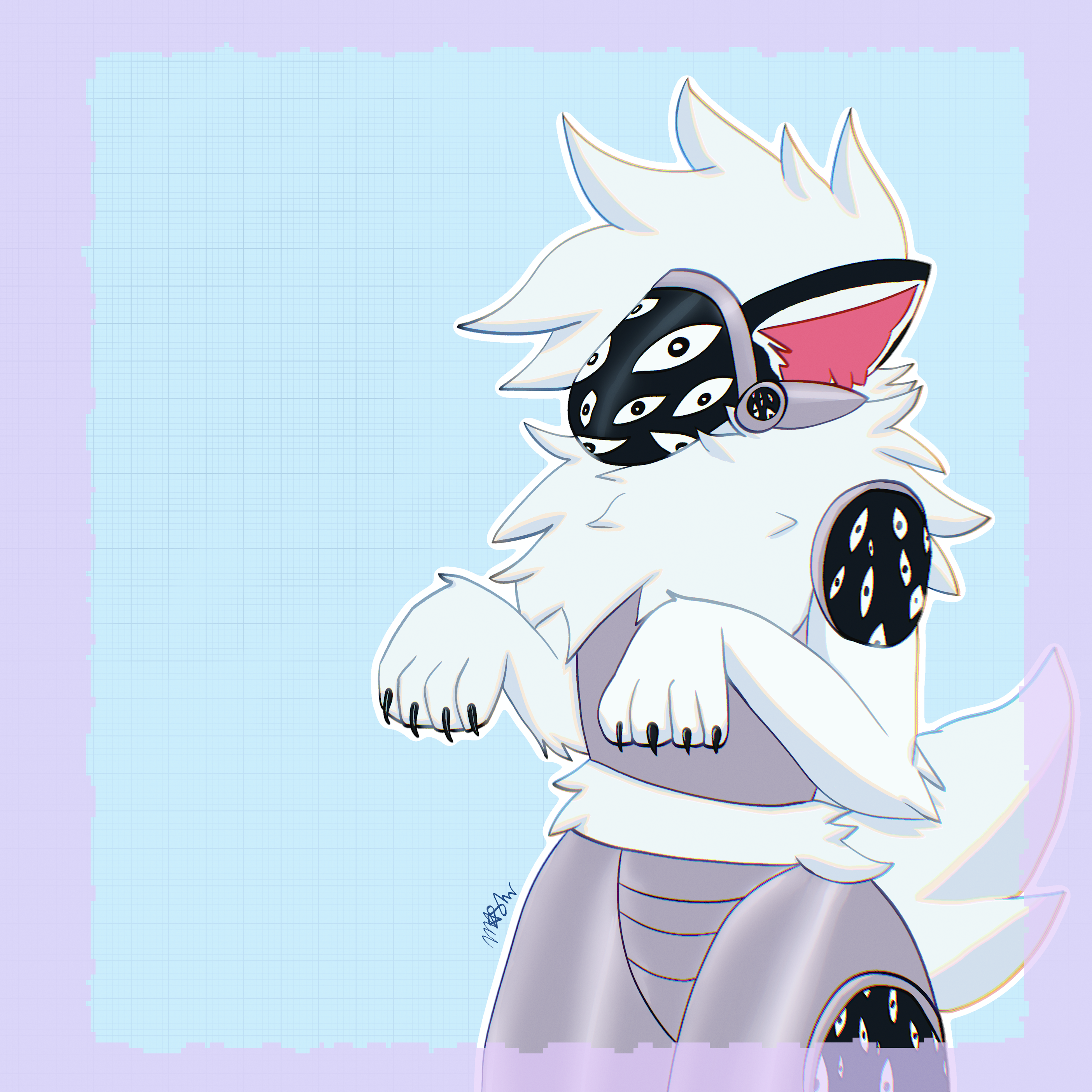Protogen character with paws up like a begging puppy. Many eyes on protogen display.