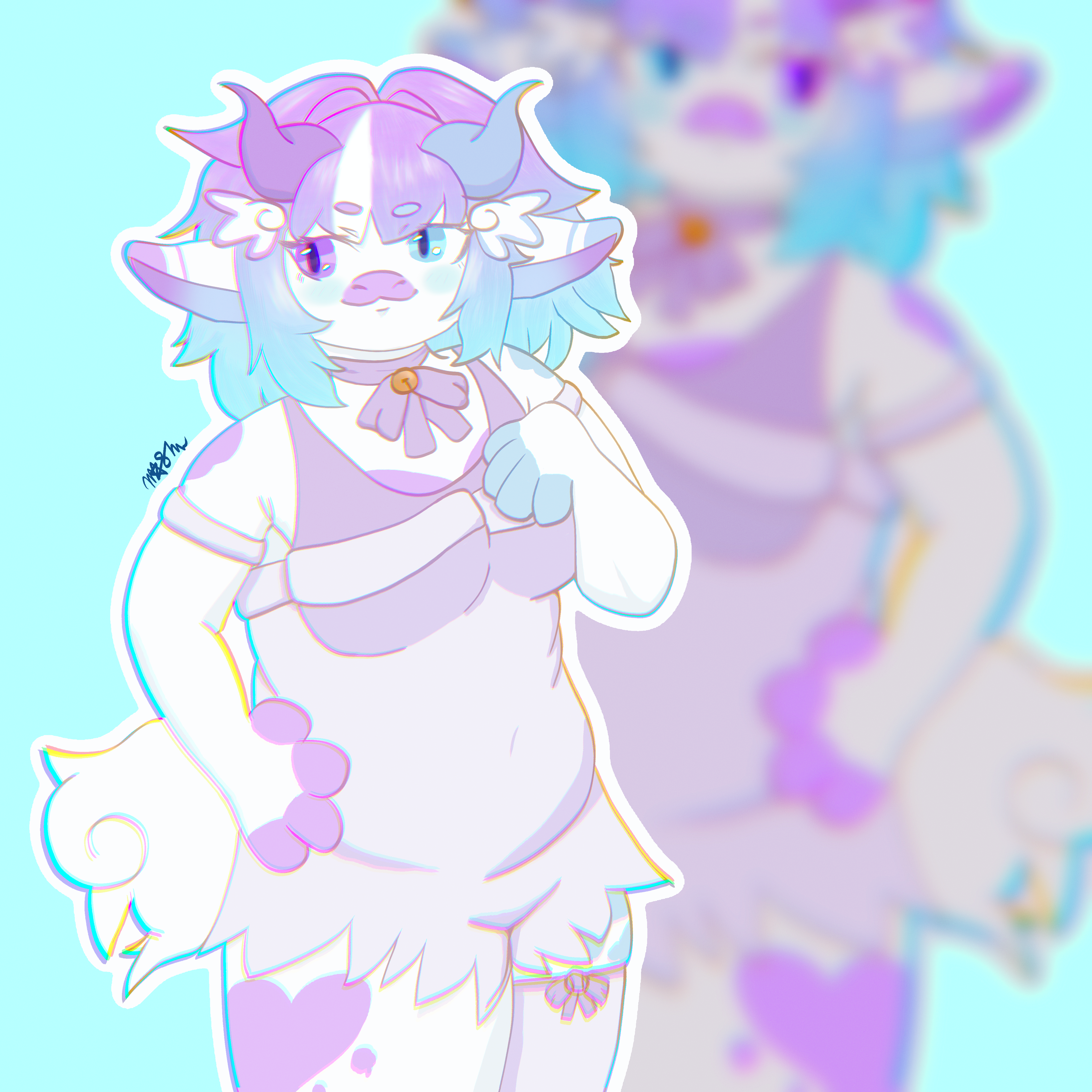 Chubby anthro cow character with blue and pinkish purple hair and horns.