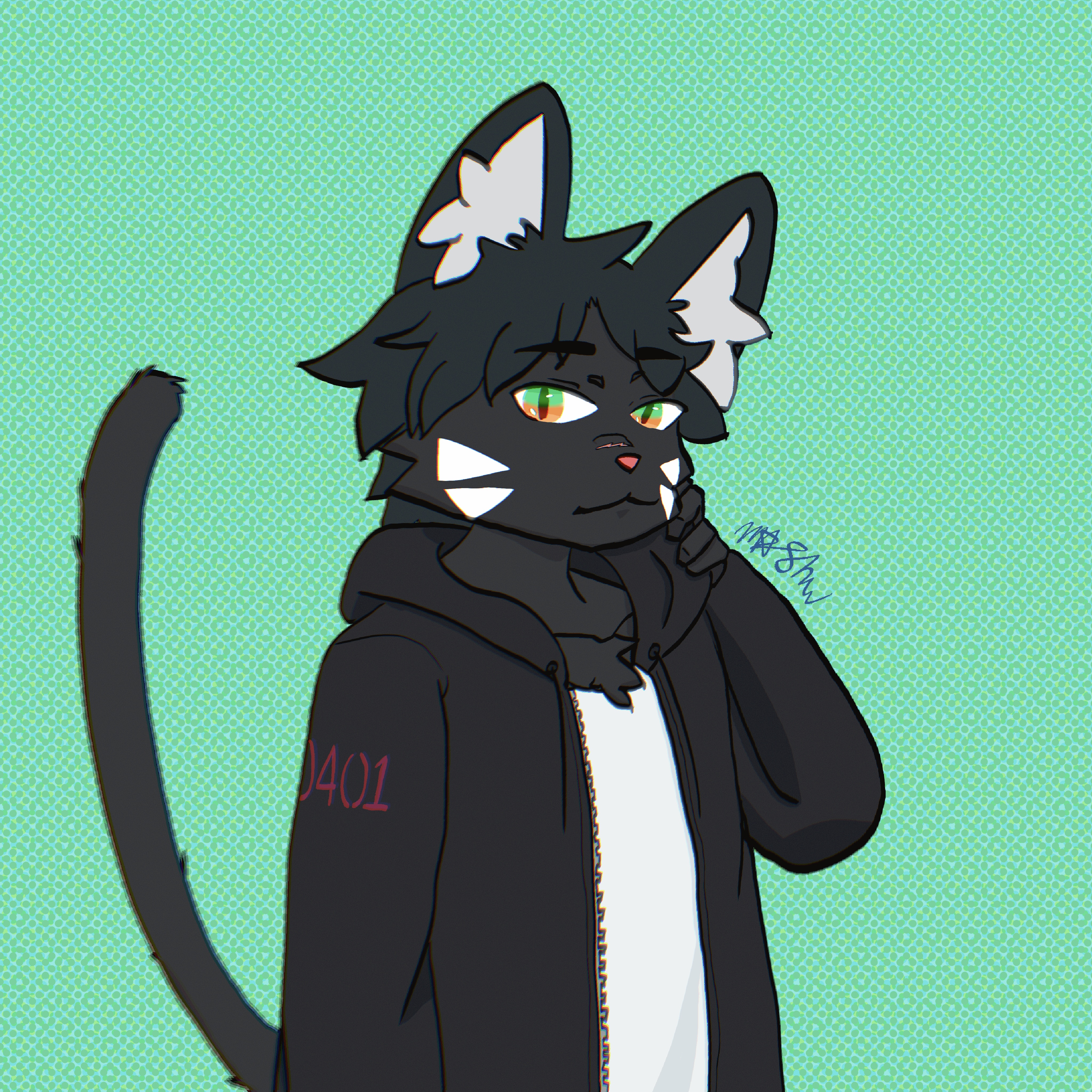 Black cat wearing a black zip-up hoodie jacket, holding the hood up with his hand. The numbers, 0401, are on his right shoulder.