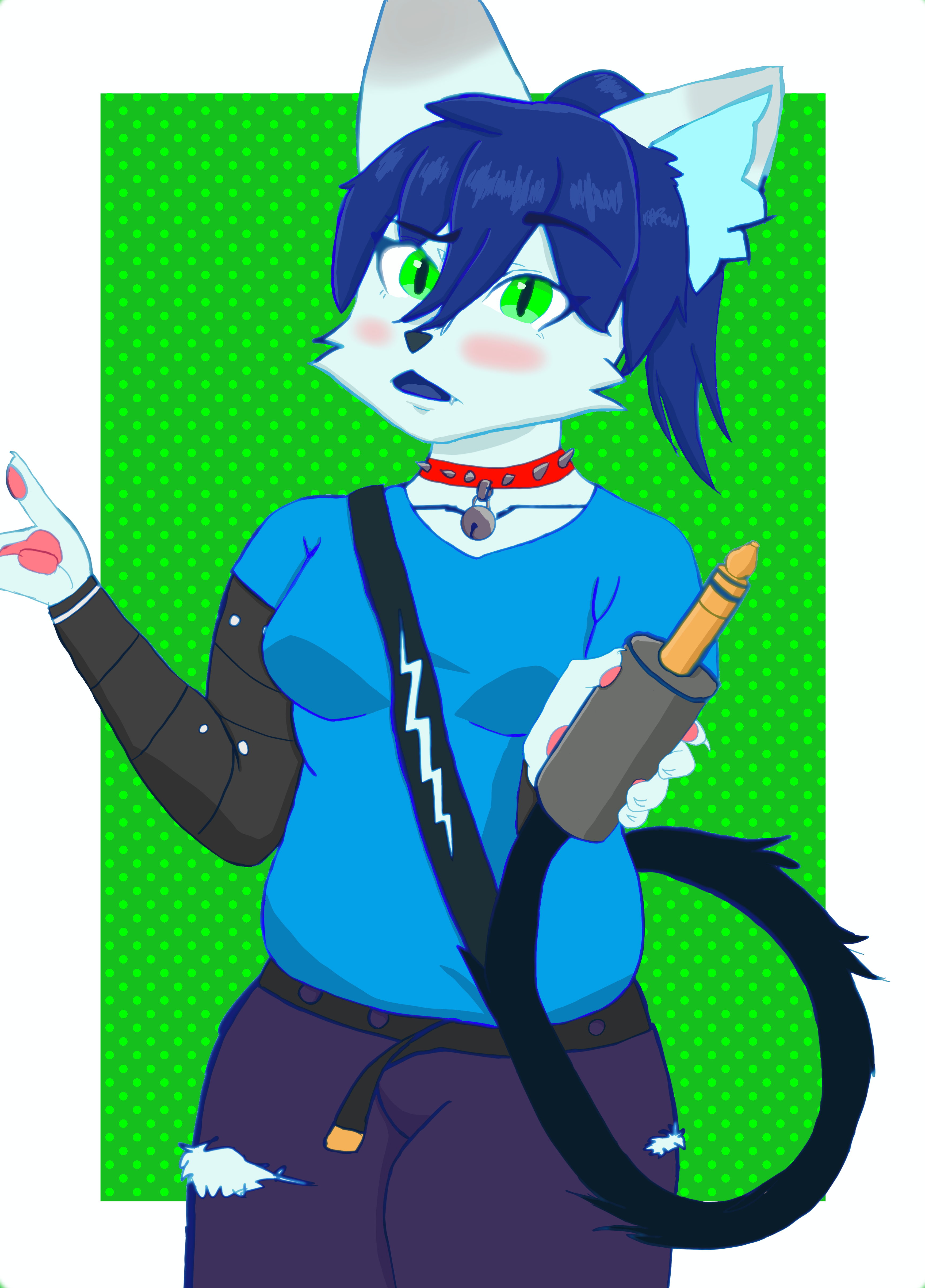 Chubby White Cat with grey tipped ears, wearing a blue shirt and lightning bolt guitar strap, holding an AUX jack tail, asking if you're going to hold it.
