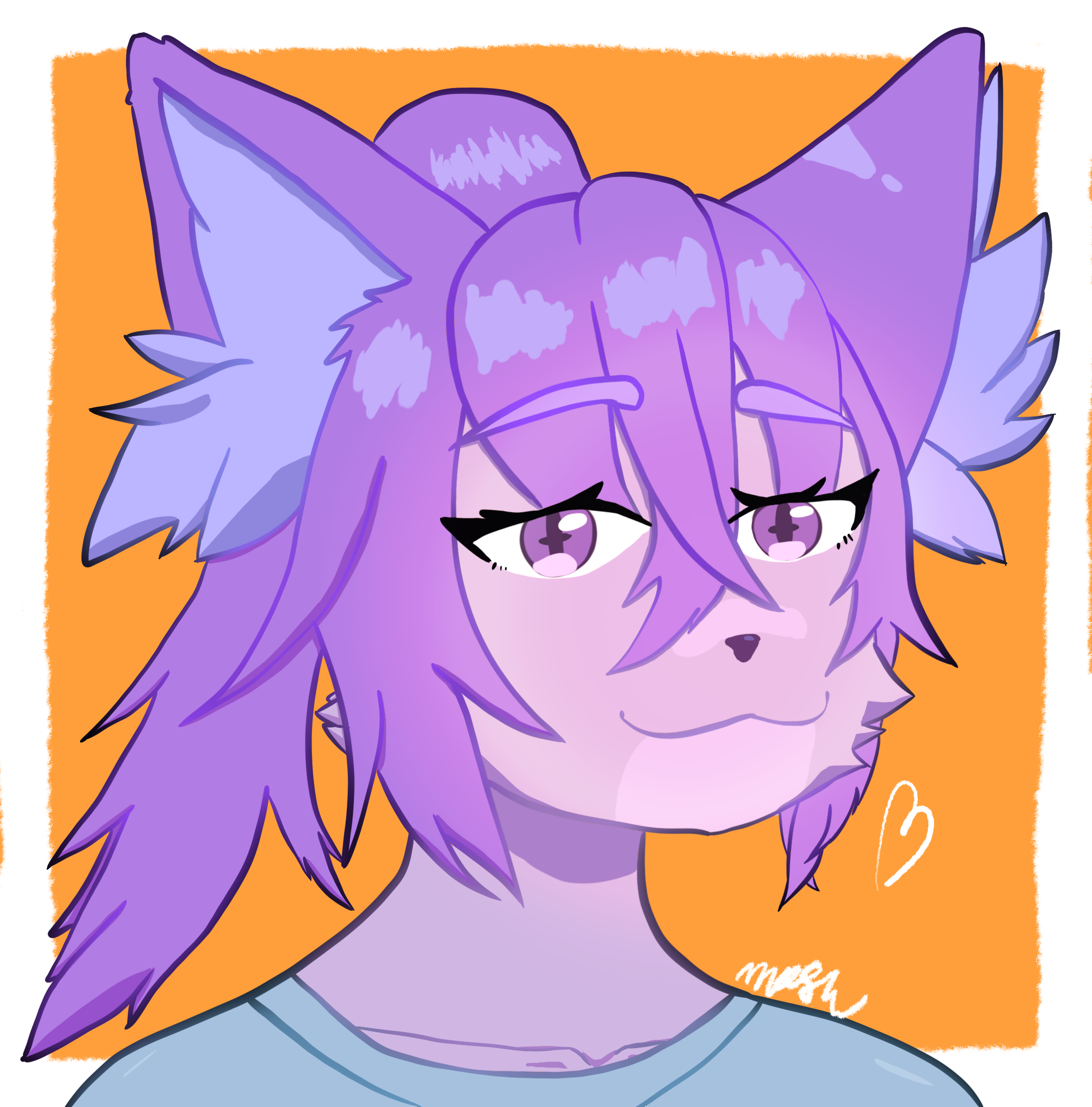 45 degree side profile of a purple anthro cat smiling at the camera.